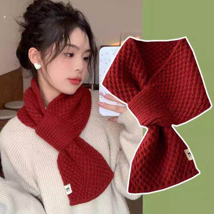 毛线小围巾女冬季脖套新款红色百搭保暖颈巾懒人针织交叉护颈围脖