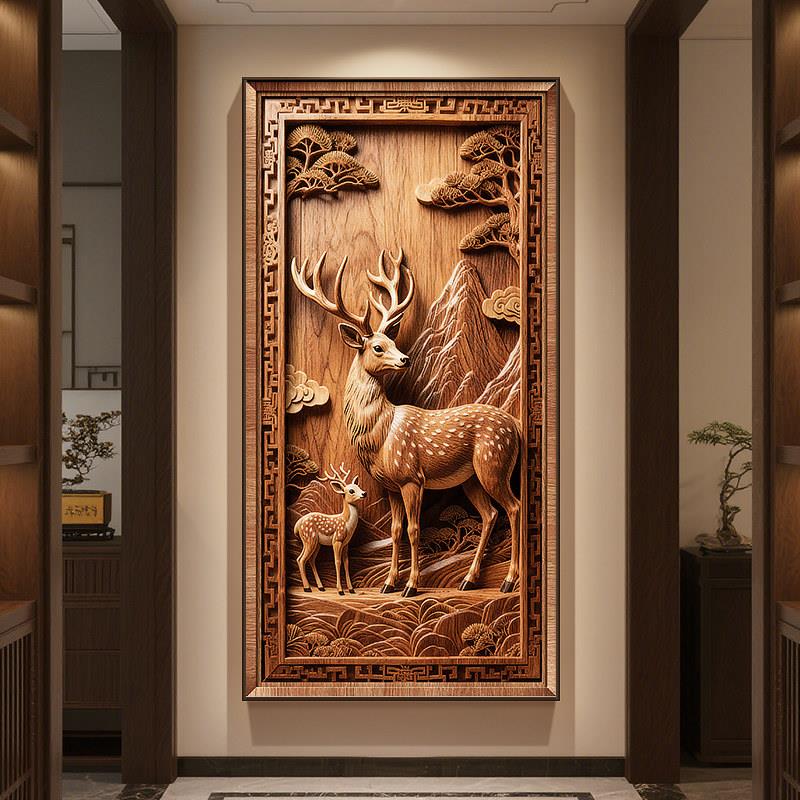 新中式麋鹿玄关装饰画3D立体感浮雕走廊挂画山水迎客松入户门壁画
