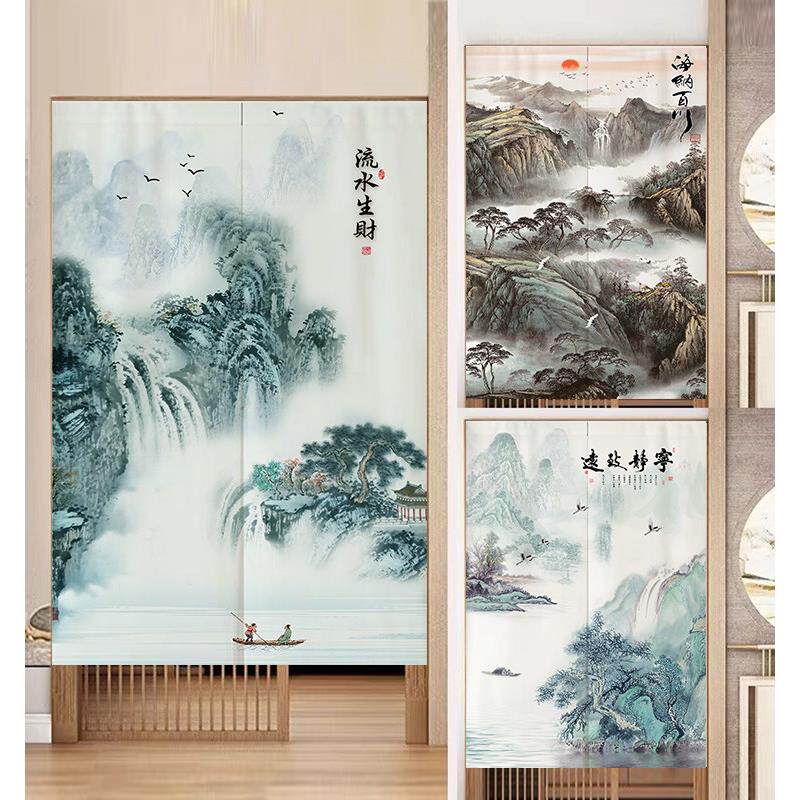 定制中式山水画门帘隔断帘玄关布帘卧室半截厨房短帘卫生间遮挡帘
