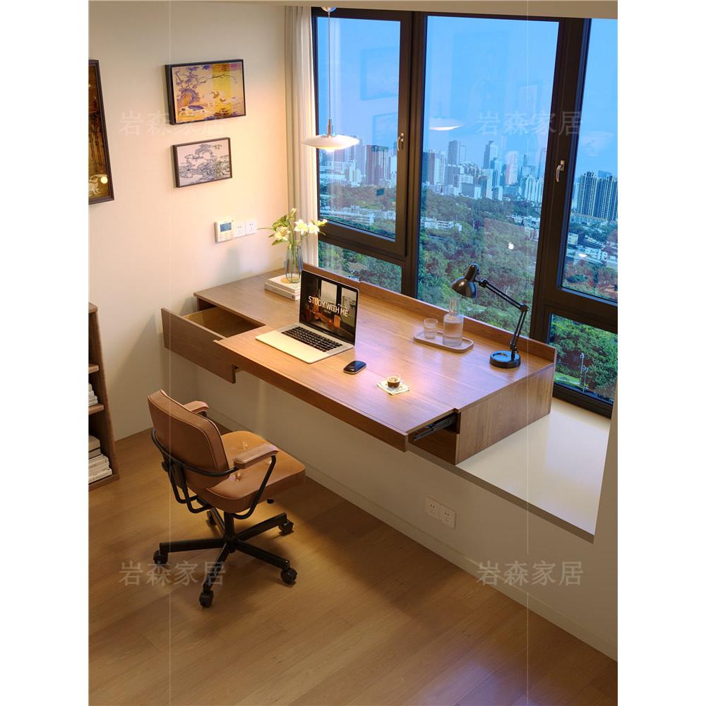 实木飘窗柜定制窗台电脑桌升降式写字桌带抽屉储物柜桌子推拉书桌