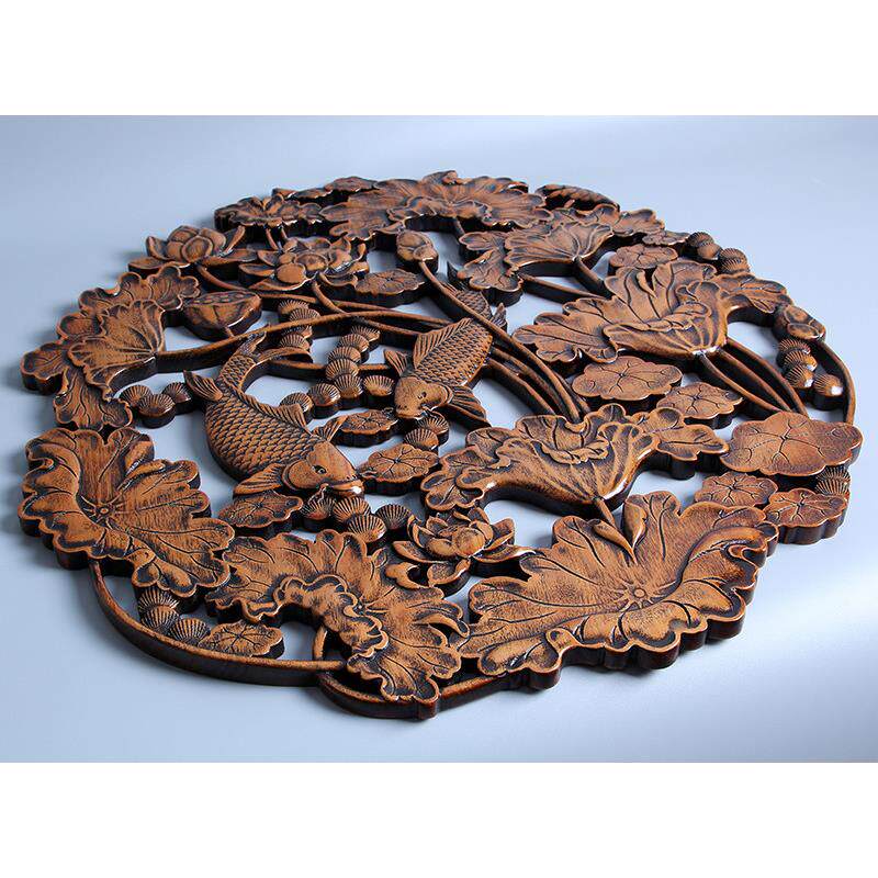 东阳木雕挂件香樟木头雕刻画工艺品中式客厅玄关墙壁装饰连年有余