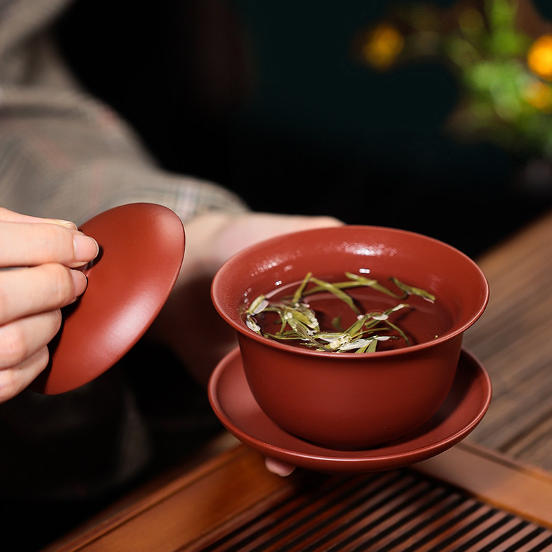 宜兴紫砂盖碗泡茶纯手工功夫茶具中式茶杯原矿大红袍三才紫砂盖碗