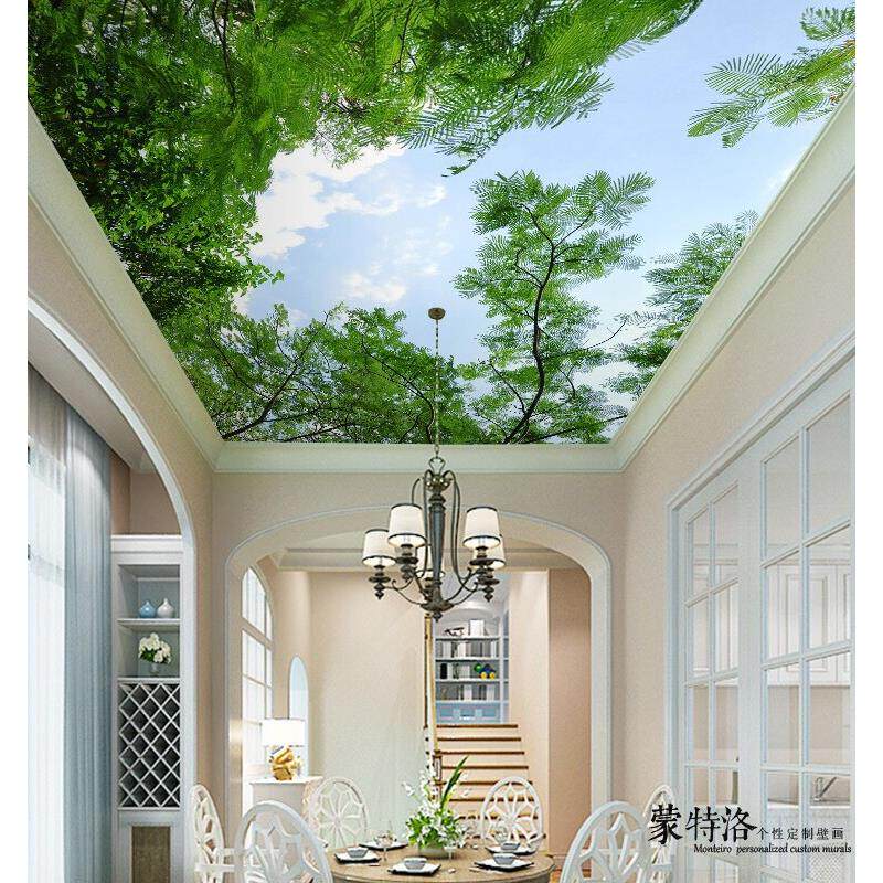 5d天花板吊顶墙纸壁画屋顶无缝背景墙贴田园树林清新风景自粘贴画