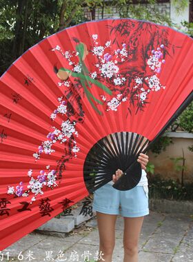 大挂扇手工画扇工艺折扇 影楼摄影婚庆红布喜庆装饰扇子 喜上眉稍