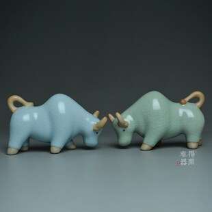 汝瓷牛气冲天茶宠天青釉豆青釉摆件精品茶玩茶台把玩可养蝉翼开片