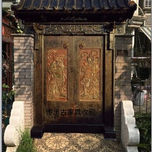 老榆木仿古大门实木进户门雕刻门神庭院大门茶楼会所装饰木门定做