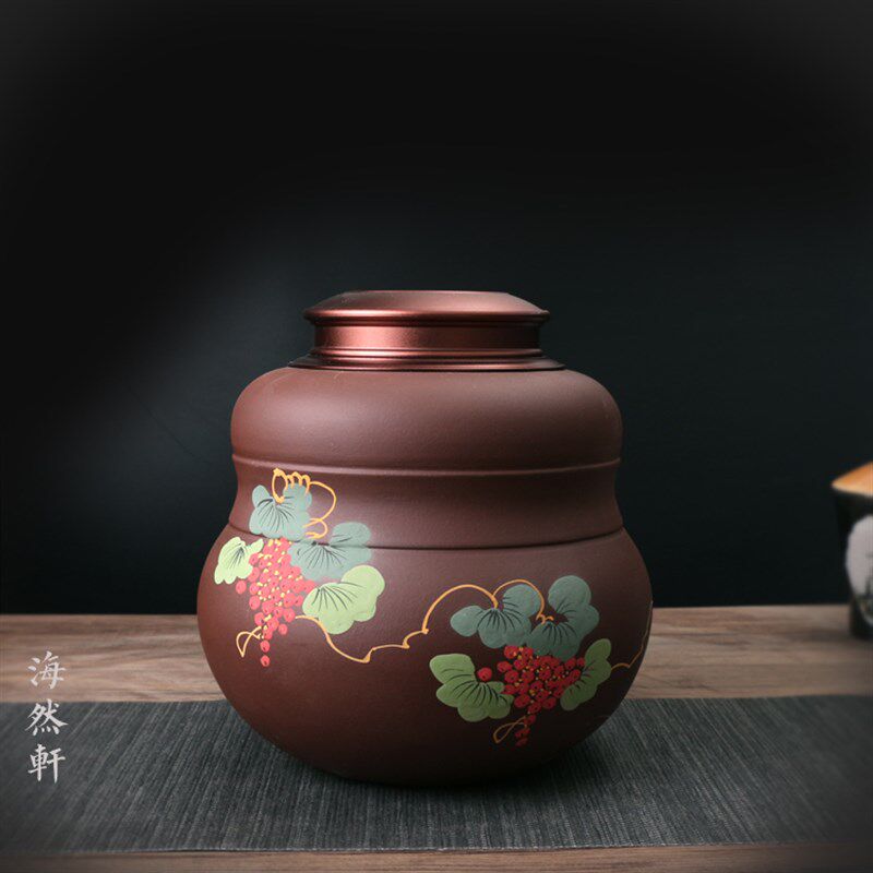原矿宜兴紫砂功夫茶具 手工密封罐 自吸保鲜罐泥绘葫芦茶叶罐