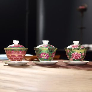 掐丝珐琅彩三才盖碗手绘功夫茶碗仿古陶瓷粉彩茶杯单个家用泡茶杯