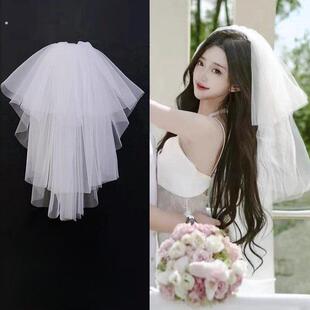 新款高级感头纱登记道具素头饰结婚拍照求婚领证简约婚纱白色蓬蓬