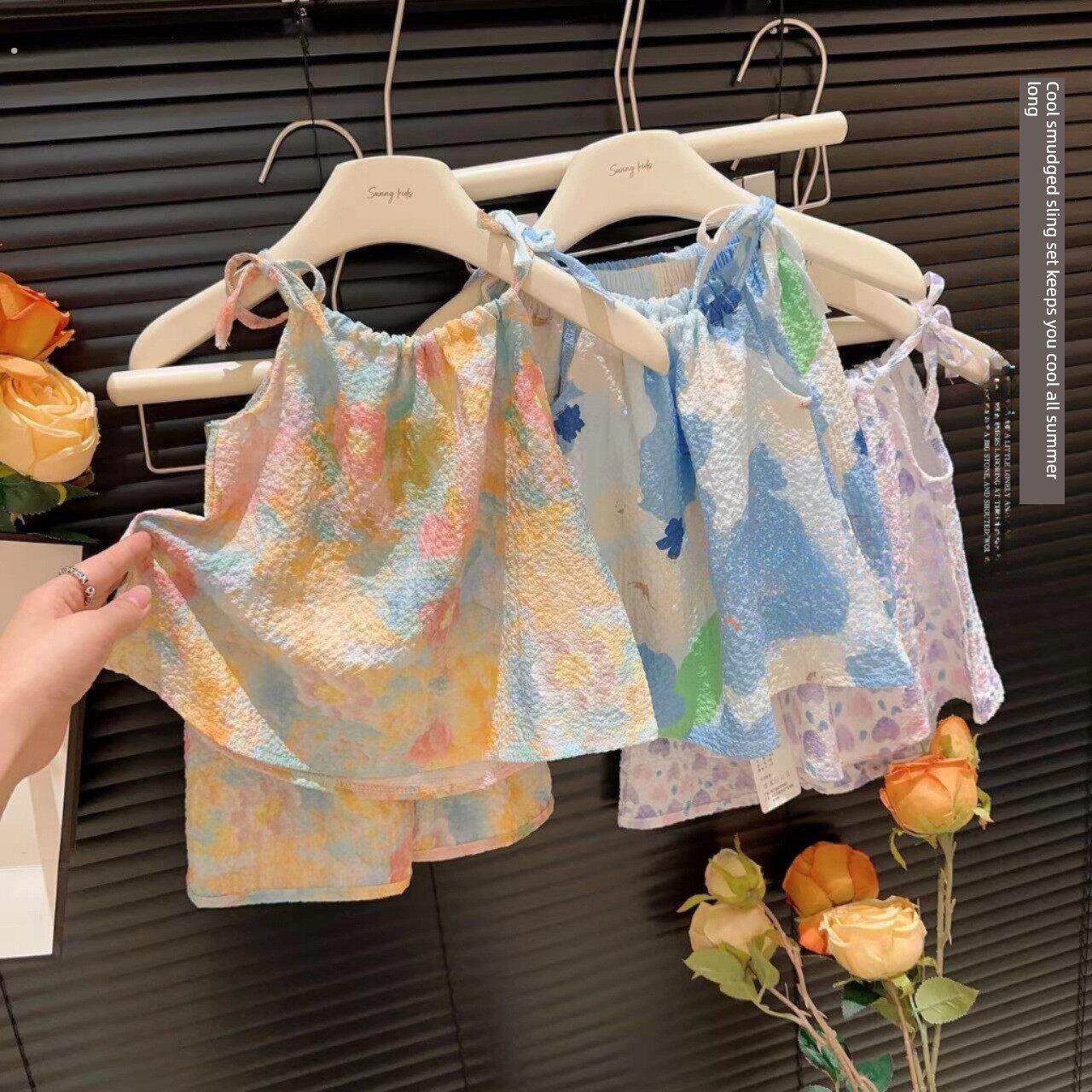 夏季新款油画风女童套装洋气吊带背心裙裤宝宝两件套女婴夏天衣服