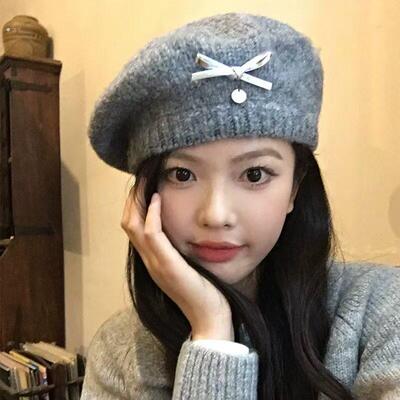 蝴蝶结灰色针织贝雷帽女秋冬季大头围保暖甜美百搭毛线蓓蕾画家帽