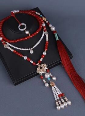 汉服马面裙红色配饰项链背云长璎珞背云流苏超长中式古风压襟明制