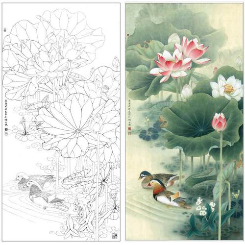 【有步骤】李晓明工笔画白描底稿荷花鸳鸯四尺原大66*132厘米花鸟