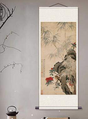 花鸟画竹子画装饰挂画丝绸九鱼字画竹报平安宣纸画茶楼彷古卷轴画