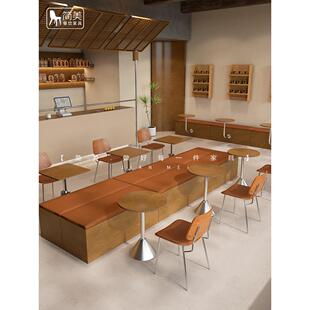 中古色咖啡奶茶店靠墙卡座长条凳蛋糕烘焙店甜品店海洋板桌子商用