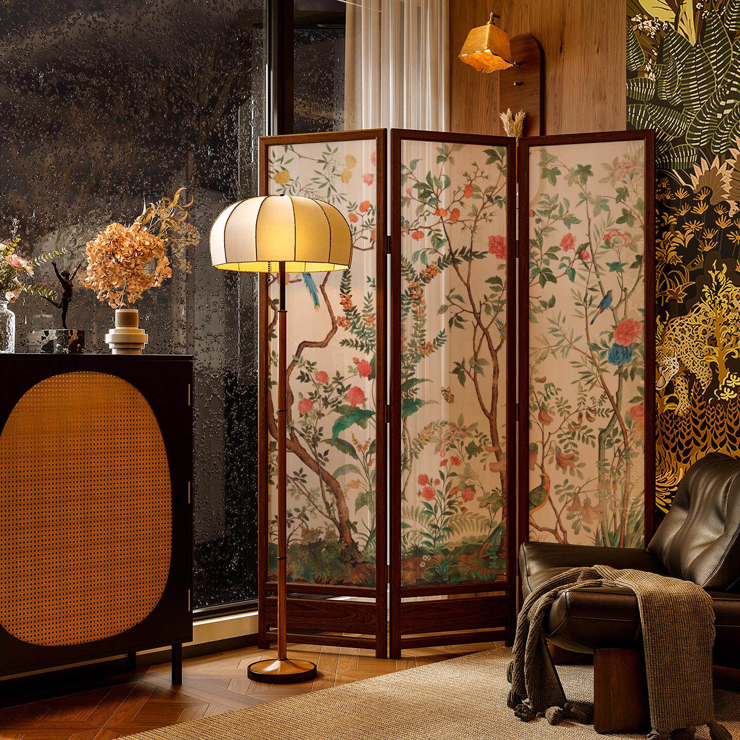 欧式美式实木屏风隔断客厅餐厅酒店遮挡装饰移动玄关花鸟折叠折屏