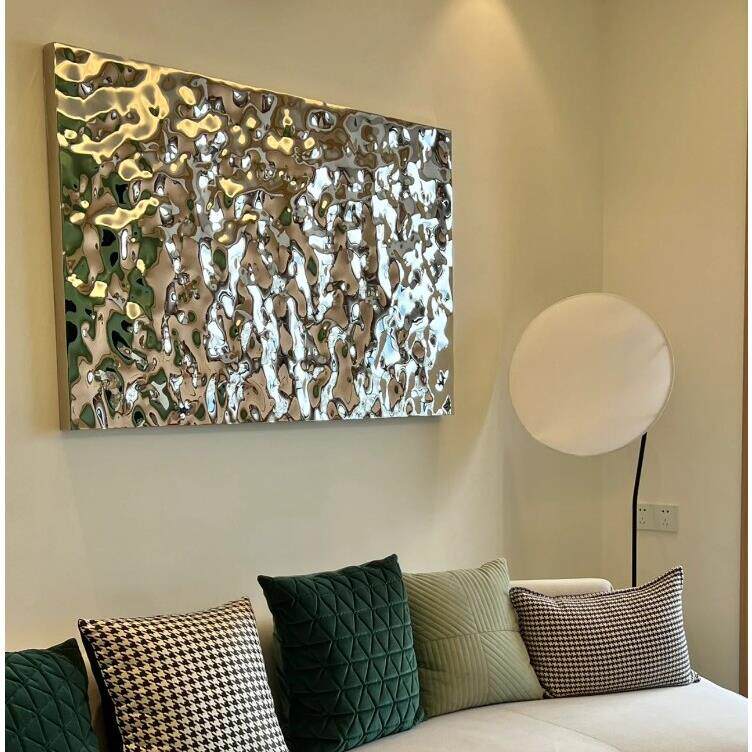 轻奢立体长方形镜面不锈钢装饰画水波纹挂画简约大气墙面装饰壁画