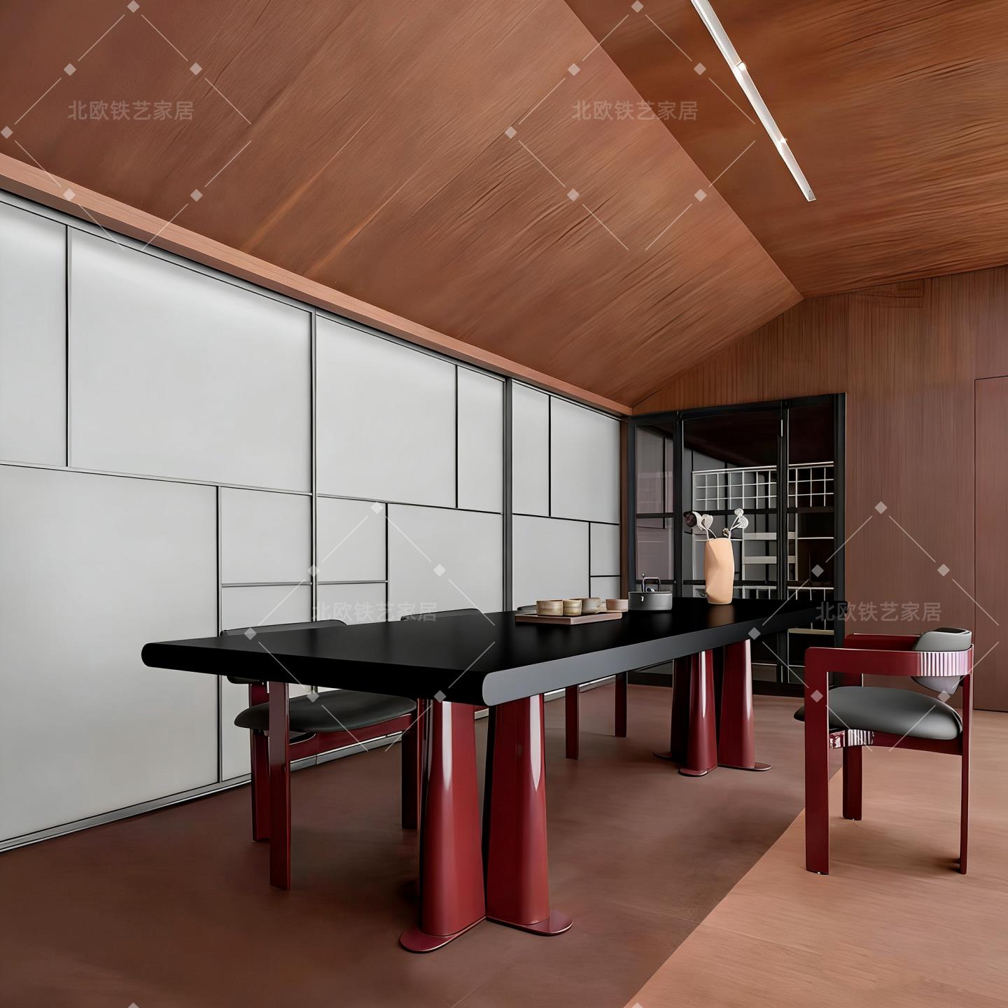 意式轻奢实木餐桌设计师会议办公黑色高级感展厅工作台工业风茶桌