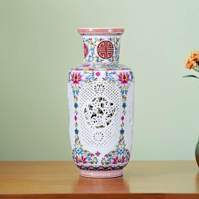 景德镇陶瓷花瓶石榴花瓶装饰品青花瓷剪纸中国风家居客厅博古架装