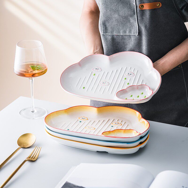 可爱云朵饺子盘带醋碟宝宝吃饭盘家用陶瓷分格餐盘大号薯条点心盘