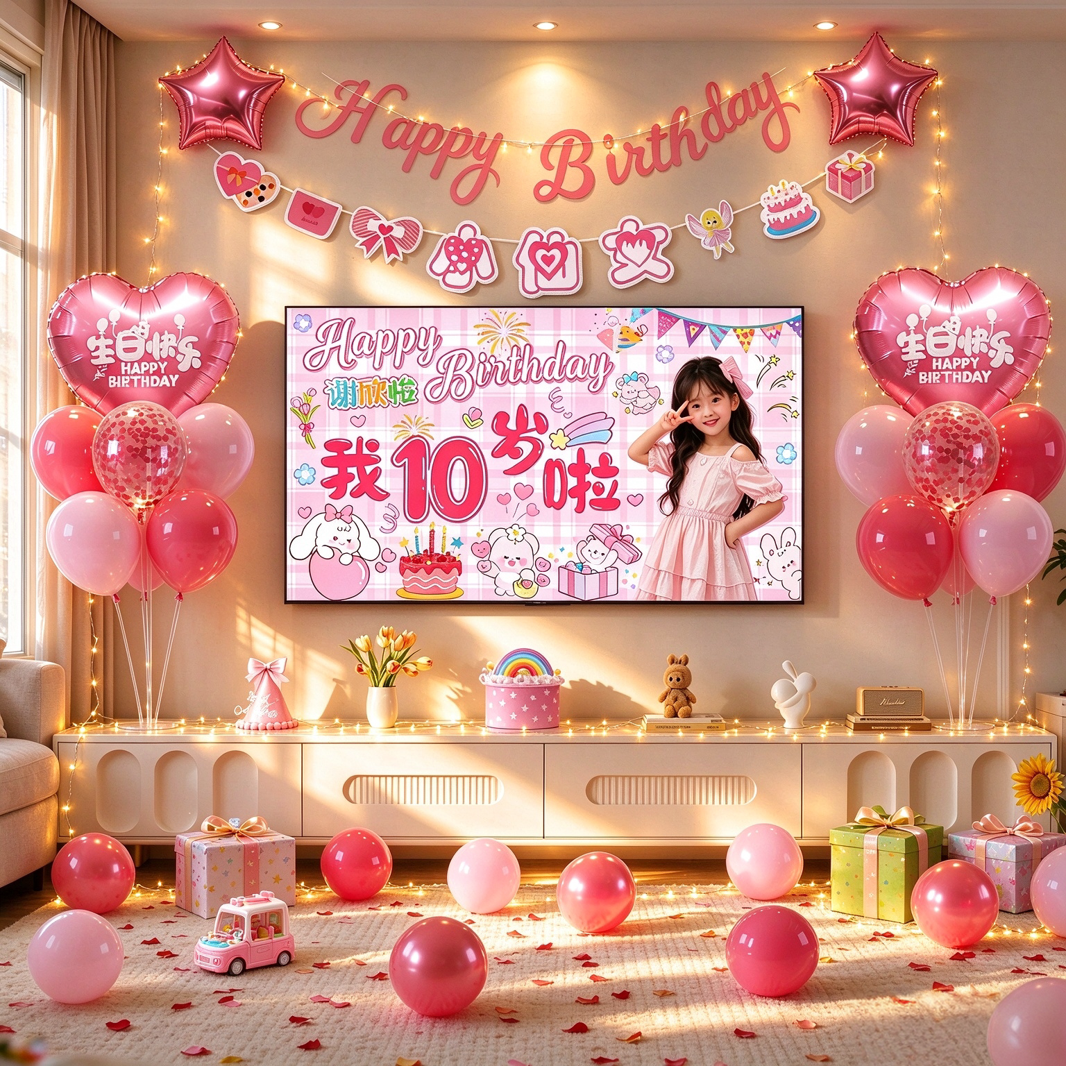 女孩宝宝10岁生日快乐粉色气球电视投屏周岁仪式感拍照场景布置品