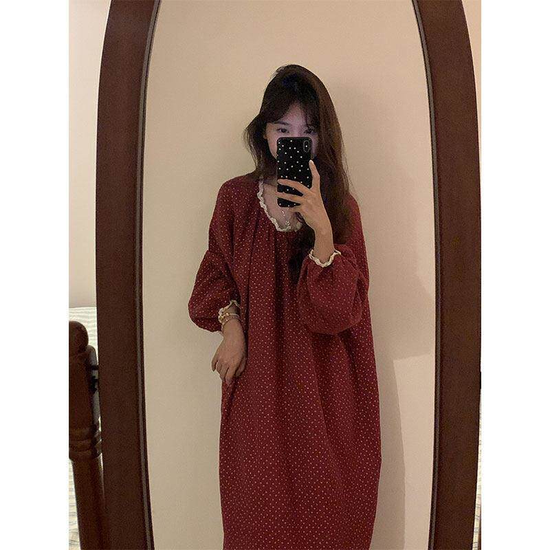 甜美碎花棉纱女士睡衣春秋季新款双层纱布大码睡裙家居服连衣裙子