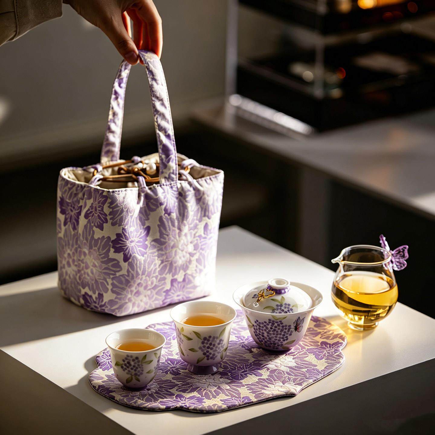 手绘绣球花旅行茶具小套装便携式户外露营女士一人饮泡茶壶快客杯