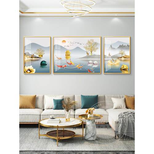 轻奢九鱼图客厅装饰画沙发背景墙挂画壁画三联画山水画简约现代