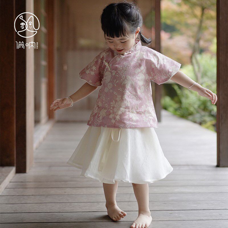 2024满呐夏季新品女童民国中式复古旗袍上衣倒大袖短袖花朝油画感