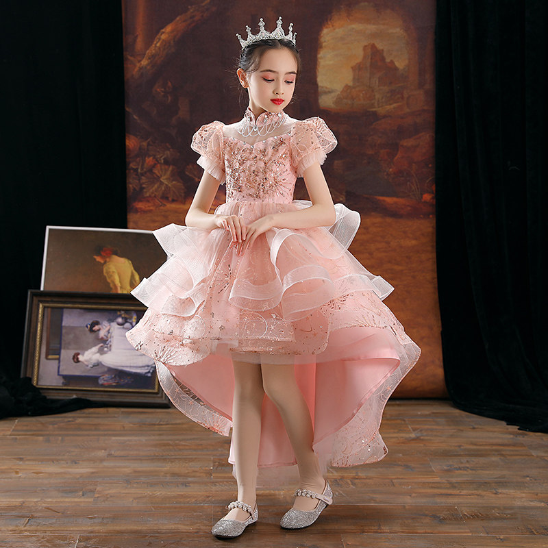 儿童公主裙粉色女童钢琴演出服花童小女孩主持人走秀礼服前短后长
