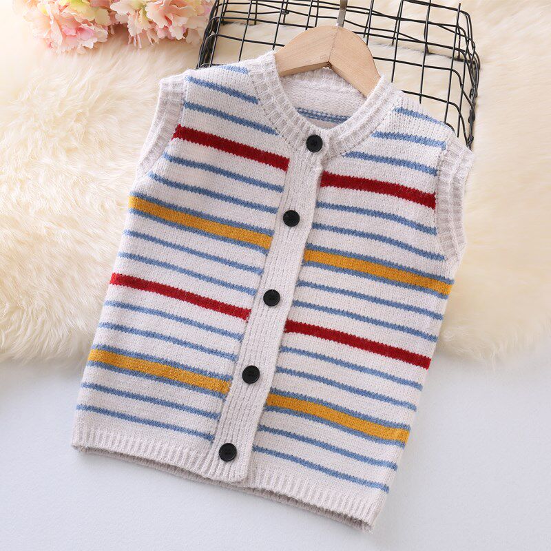 女童毛衣马甲春秋款2024新款洋气条纹儿童马甲针织衫开衫无袖背心