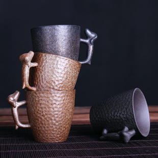 粗陶小茶杯带把手陶瓷单个主人杯纯手工仿古锤纹品茗杯功夫茶单杯