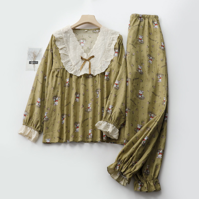 卡通绿兔子睡衣女生纯棉纱薄款蕾丝大花边长袖长裤套头家居服套装