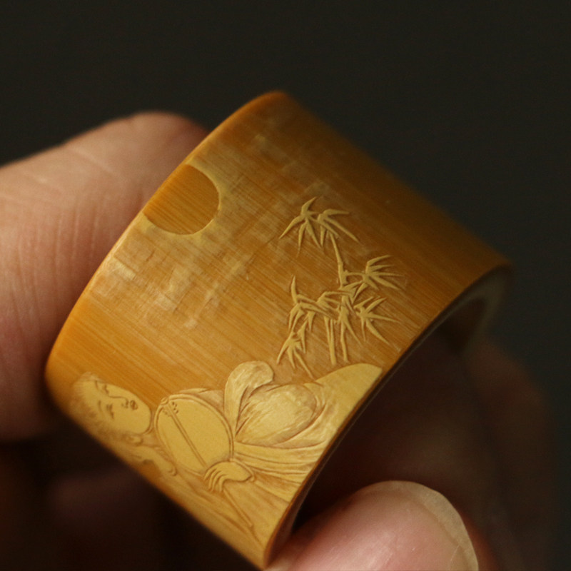 精品名家袁江纯手工留青雕刻仕女图老玉竹扳指竹雕把玩小件