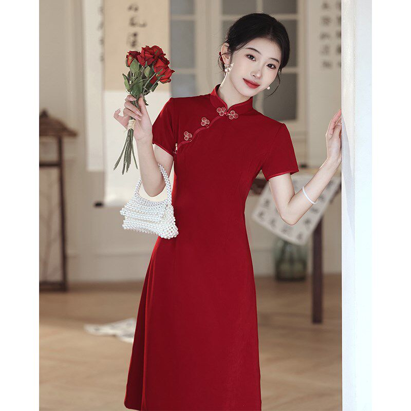 红色云肩旗袍敬酒服新娘2024新款结婚订婚礼服连衣裙新中式小个子