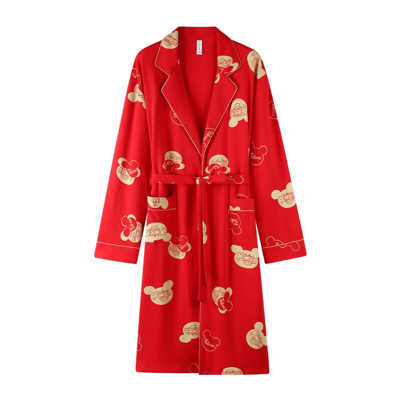 男士中年纯棉长袖睡袍本命年大红色睡衣春秋季男款全棉中长款浴袍