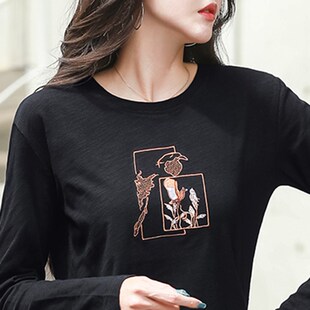 咖色打底衫女2024新款纯棉长袖t恤宽松上衣中年妈妈春秋薄款秋衣