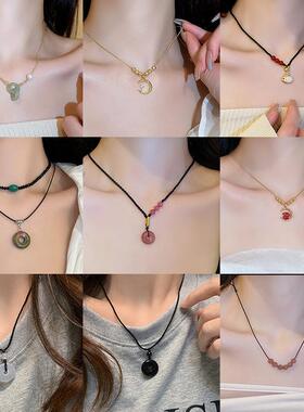 平安扣玉佩项链新中式红豆相思粉晶情侣链气质百搭几何圆形项坠女