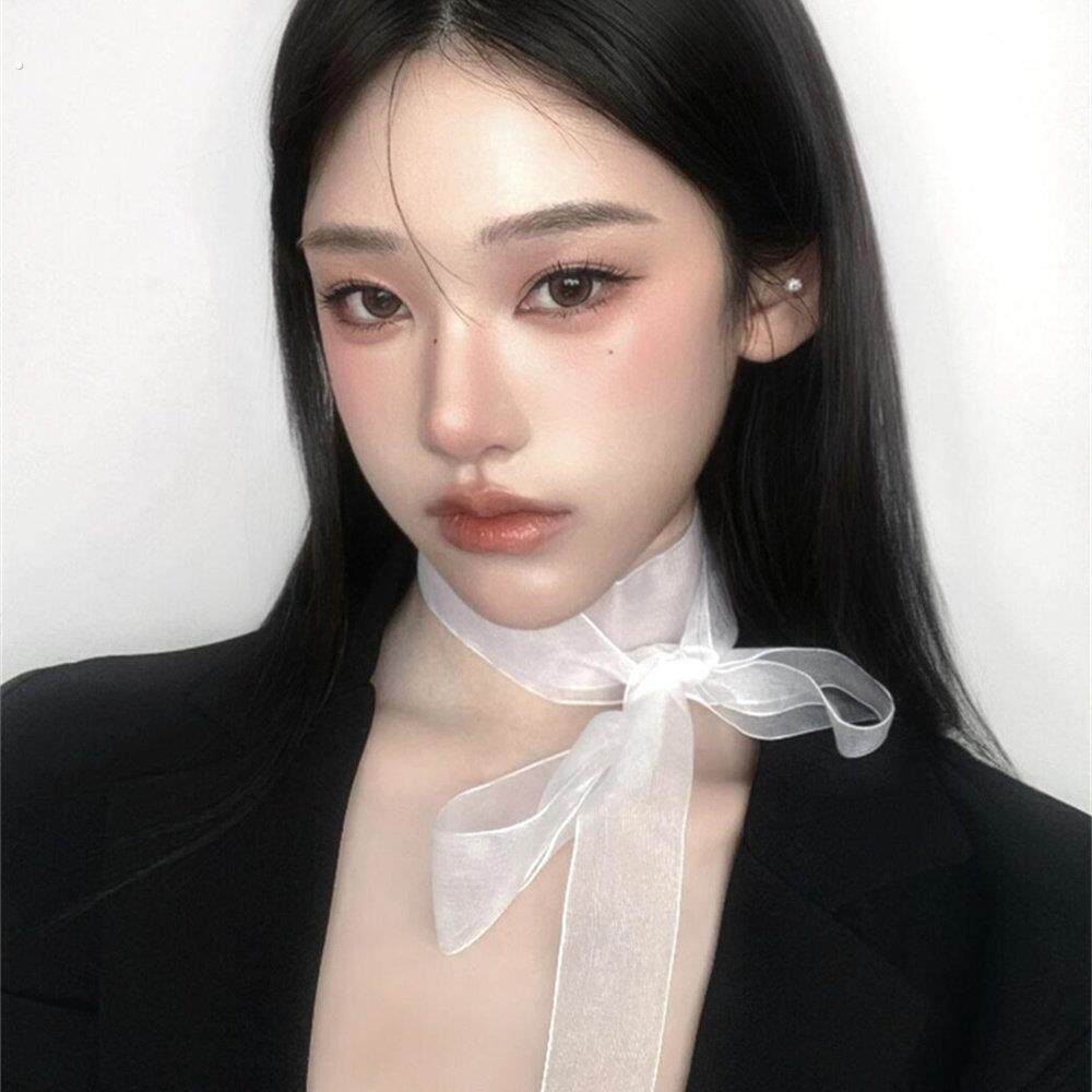 韩国春夏珠光细长条款丝巾女欧根纱飘带辣妹装饰窄版围巾