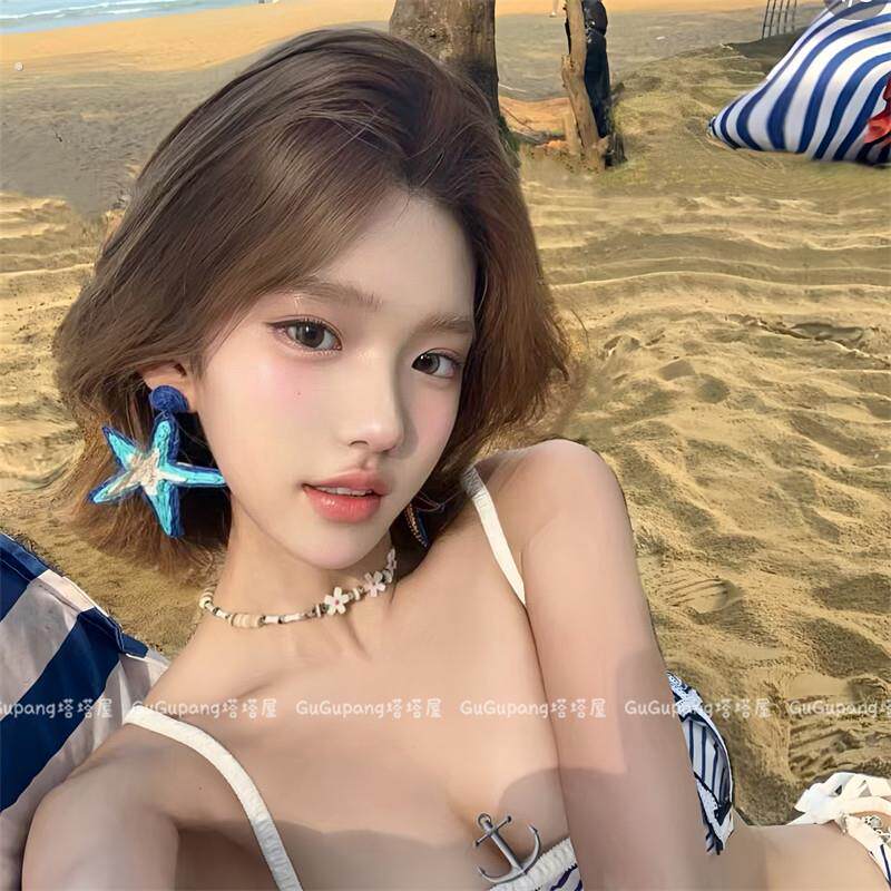 夏威夷度假风蓝色海星耳环女海边个性夸张耳钉旅游拍照吊坠耳饰品