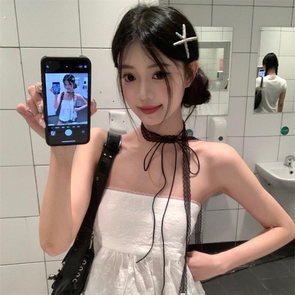 叠戴层次感设计蕾丝飘带细窄女春夏百搭锁骨颈带丝巾项炼