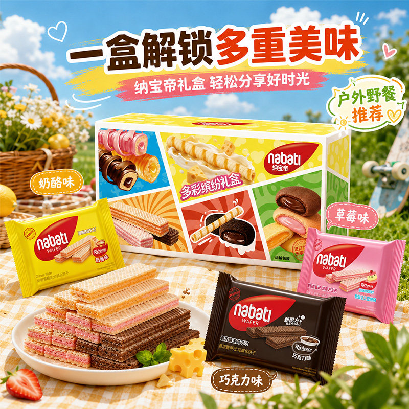 印尼进口纳宝帝丽芝士威化饼干96g草莓奶酪混合休闲整箱批发零食
