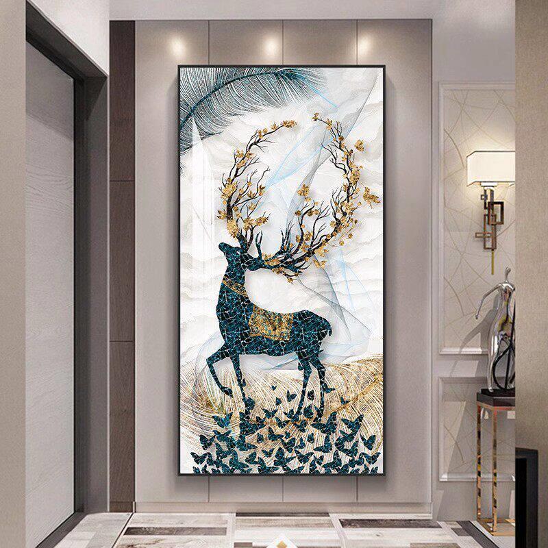 金鹿入户玄关装饰画镶钻晶瓷画北欧现代简约走廊过道轻奢高端挂画