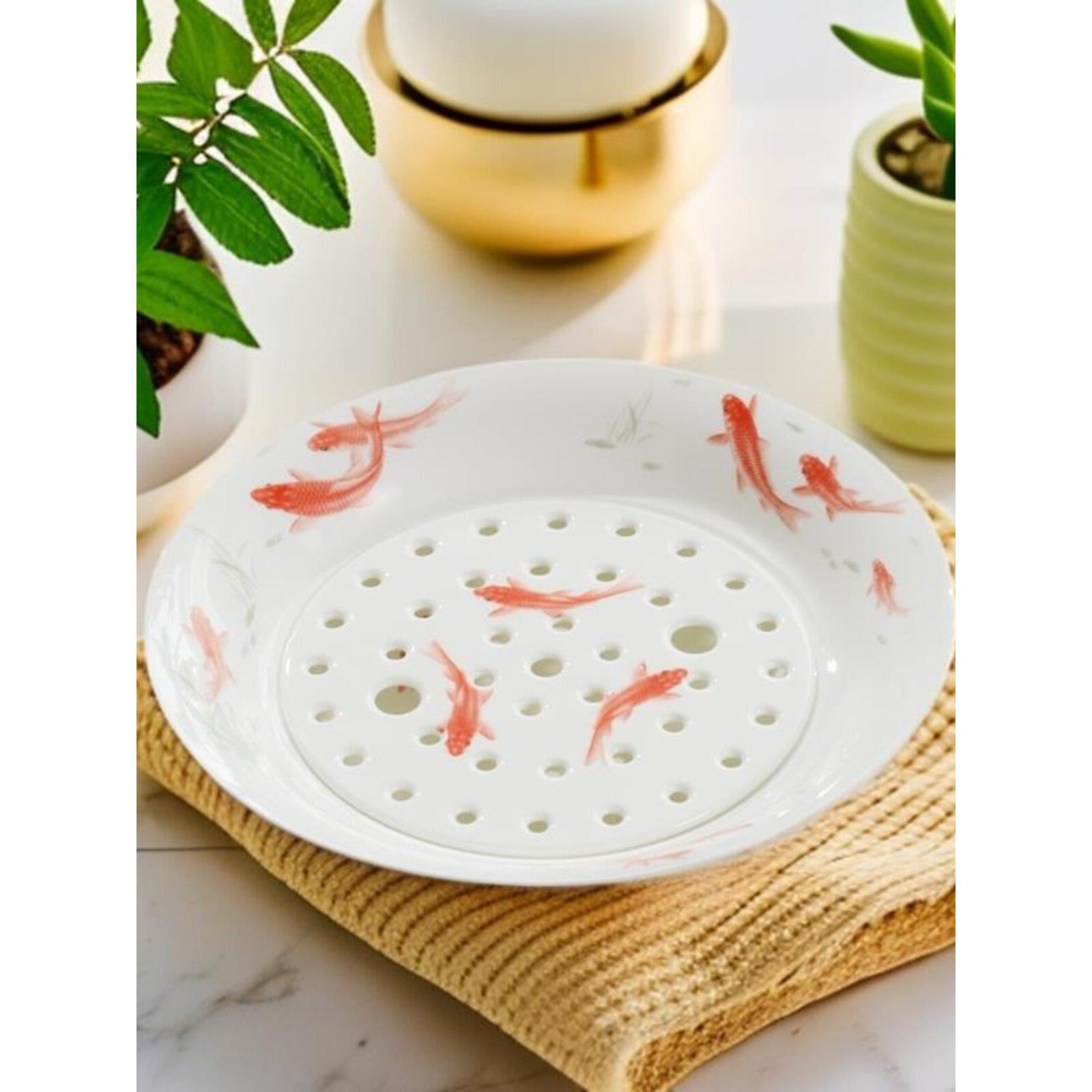 10英寸创意骨瓷饺子盘陶瓷饺子排水双层盘子饺子盘深碟碟圆托盘
