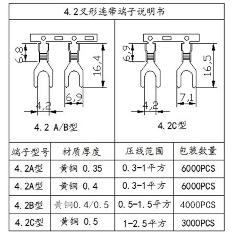 4.2叉形连带端子接线片4.2U型端子4.2Y型接地片多种规格厂家直销