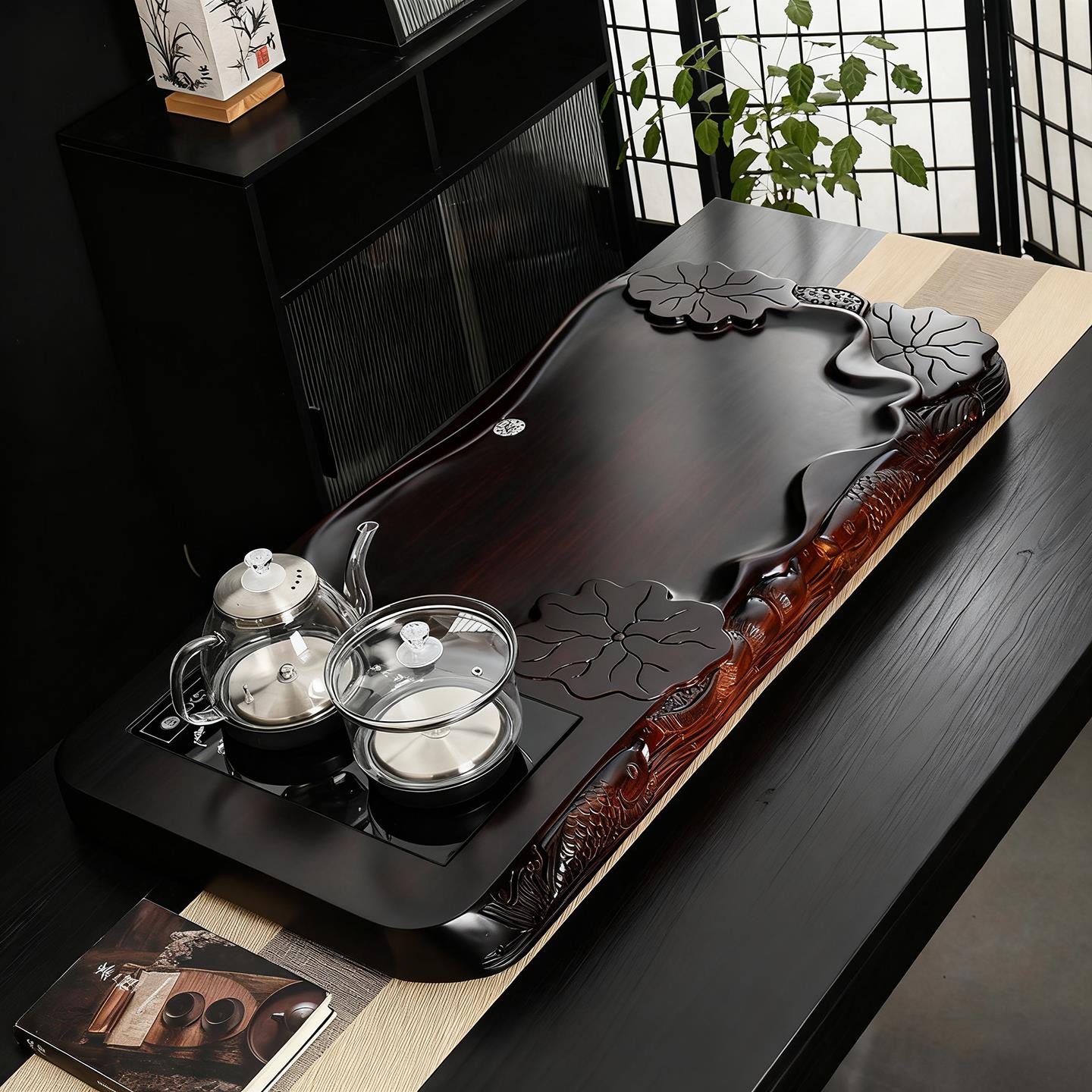 大号整块中式实木茶盘浮雕排水茶台家用办公室全自动一体茶具托盘
