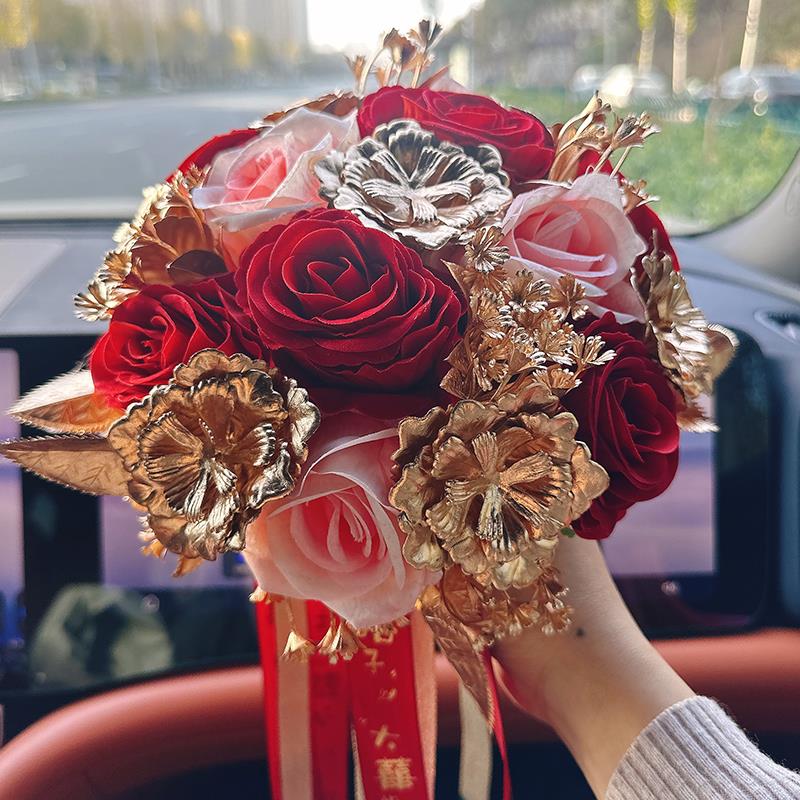 中式新娘手捧花仿真花玫瑰假花接亲结婚中国风秀禾服搭配婚纱摄影