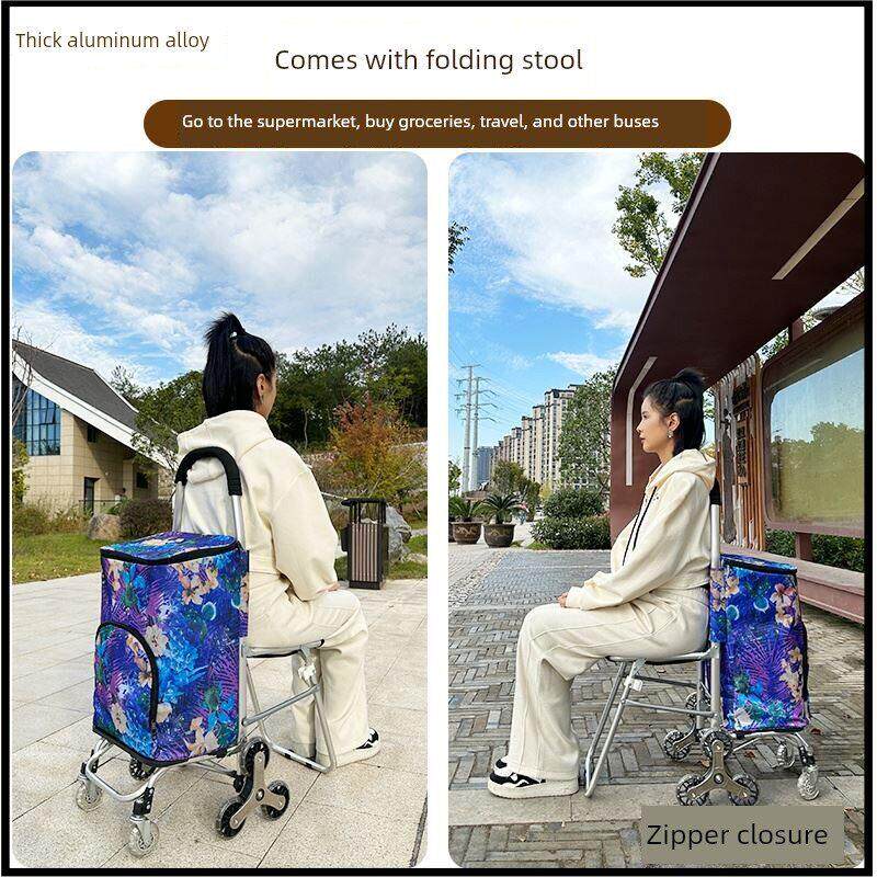 老人可折叠拉杆车家用带凳子购物爬楼梯小推车双层保温可拆卸水洗