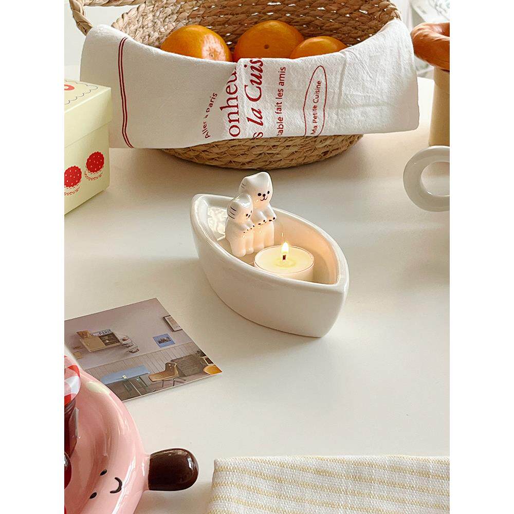 小猫坐船烤火香薰蜡烛礼盒大气香薰烛台可爱的创意生日礼物装饰品