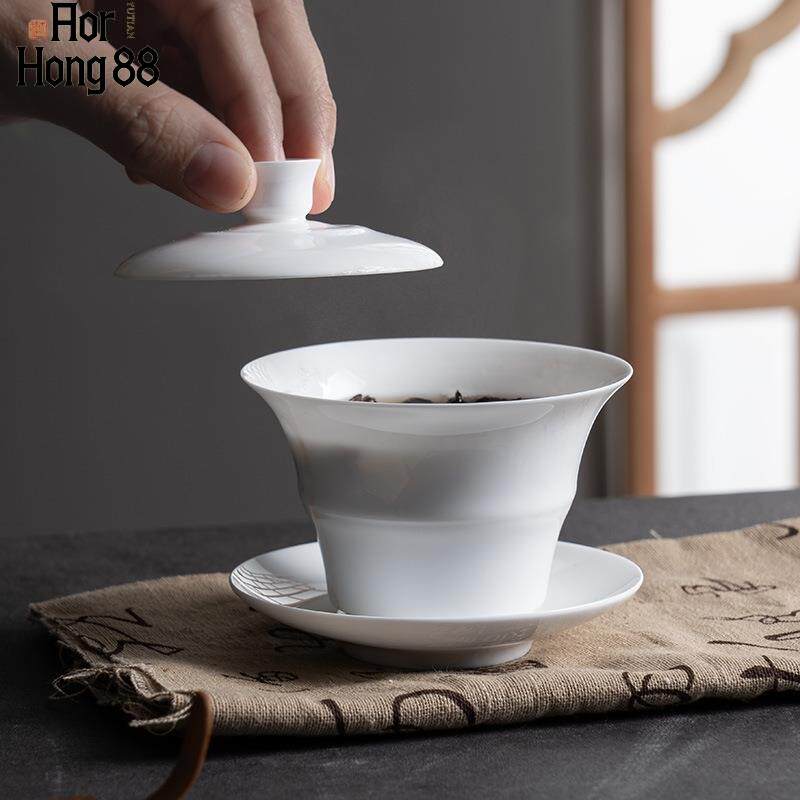 潮州骨瓷茶具三才盖碗轻薄透亮高密度乌龙泡茶器功夫茶具陶瓷冲泡
